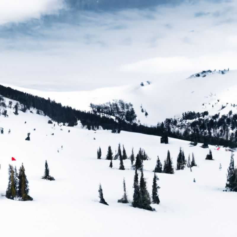 A couple swoops down a pristine slope amidst the breathtaking panorama of Whistler Blackcomb, Canada, their skis carving fresh tracks in the powder during their 3-week ski vacation in the heart of ski season.
