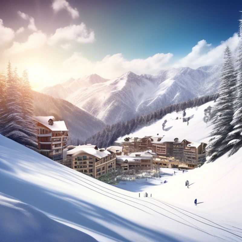 Six adventurous travelers carving fresh powder on the slopes of Squaw Valley, USA, embracing the thrill of ski season during their week-long vacation filled with laughter and camaraderie.