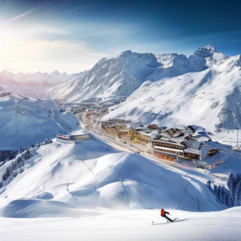 Viajero solitario disfrutando de un día de esquí en Lech Zürs am Arlberg, Austria, rodeado de impresionantes paisajes nevados durante su emocionante escapada de 24 horas en plena temporada de esquí.