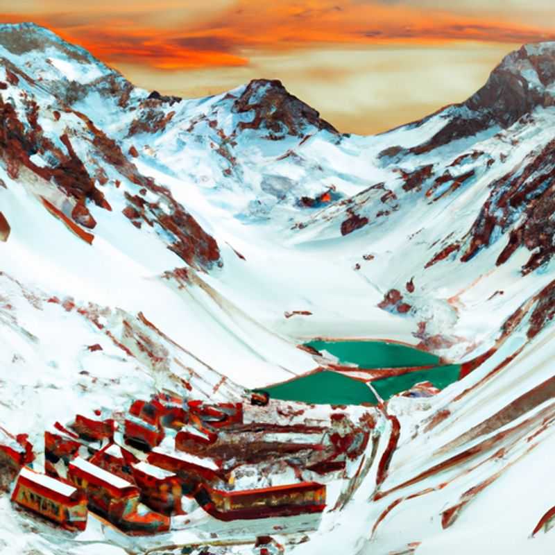 A lone skier glides effortlessly down the pristine slopes of Portillo, Chile, surrounded by breathtaking Andean peaks, on a thrilling weeklong ski vacation during the height of the ski season.