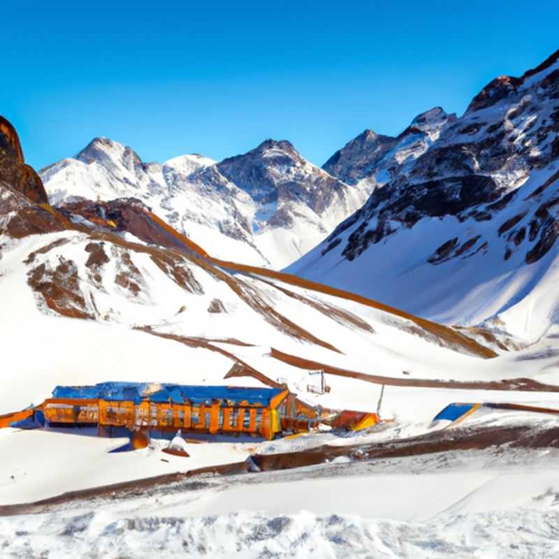 A lone skier glides effortlessly down the pristine slopes of Portillo, Chile, surrounded by breathtaking Andean peaks, on a thrilling weeklong ski vacation during the height of the ski season.