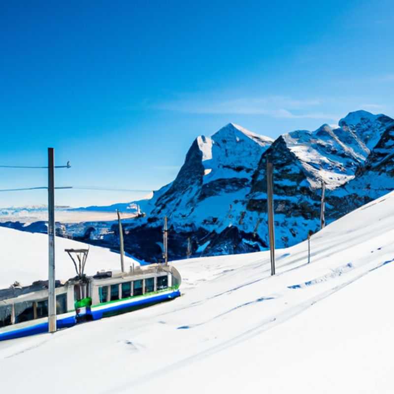 A lone skier glides down the pristine slopes of the Jungfrau Region in Switzerland, surrounded by breathtaking snow-capped peaks and azure skies, embracing the exhilaration and freedom of a 24-hour ski adventure.