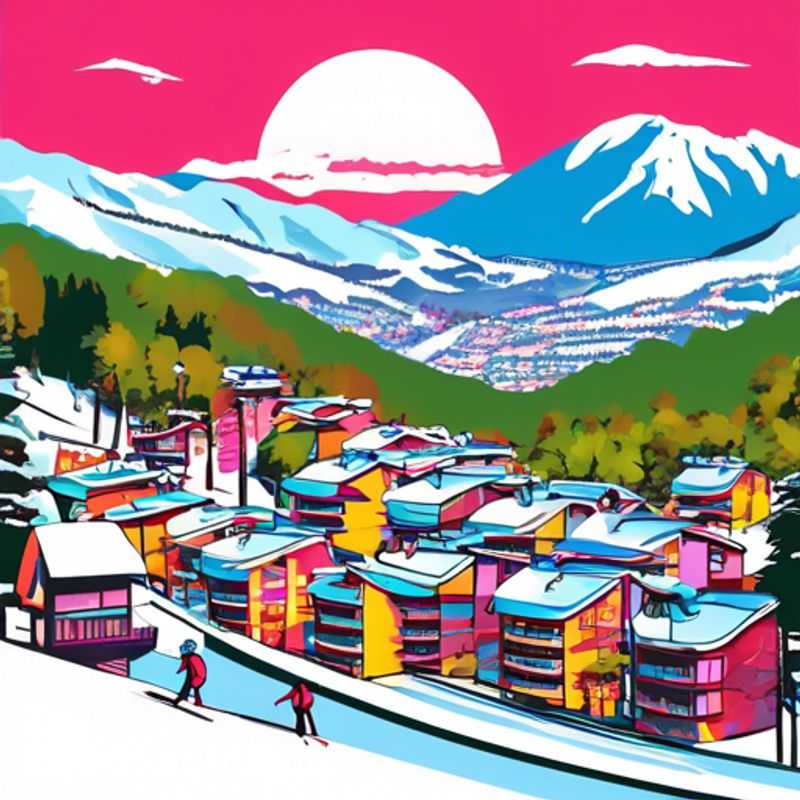 A solo traveler reveling in the exhilarating slopes of Yongpyong, South Korea, surrounded by stunning snow-covered mountains, during a thrilling two-week skiing adventure in peak ski season.
