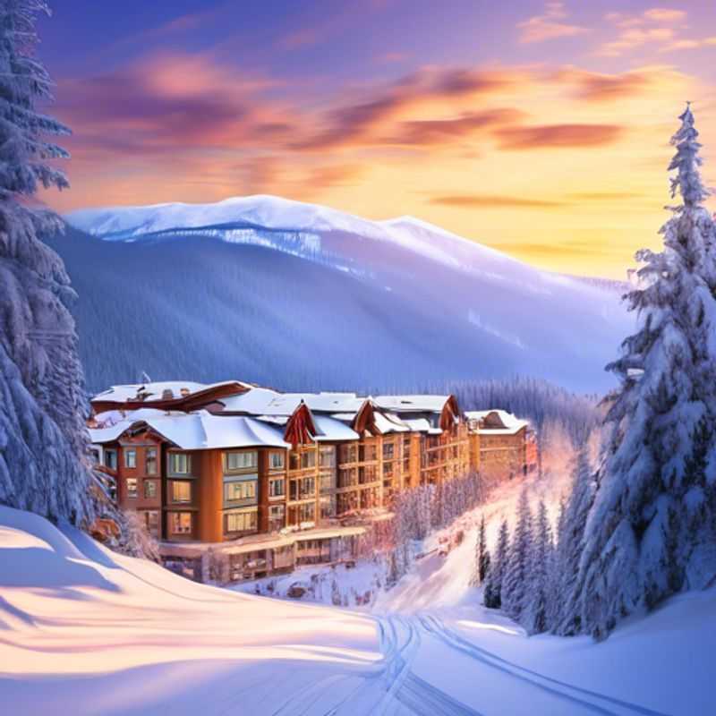 A solo traveler, the Cultural Explorer, carving through pristine snow at Sun Peaks, Canada, surrounded by majestic mountains and vibrant winter landscapes during a thrilling 4-day ski vacation.