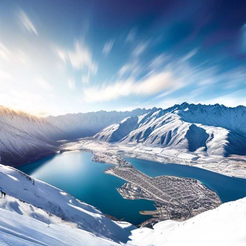 A group of six friends reveling in the exhilarating slopes of The Remarkables, New Zealand, surrounded by stunning snow-capped peaks during their three-week skiing vacation in the heart of ski season.