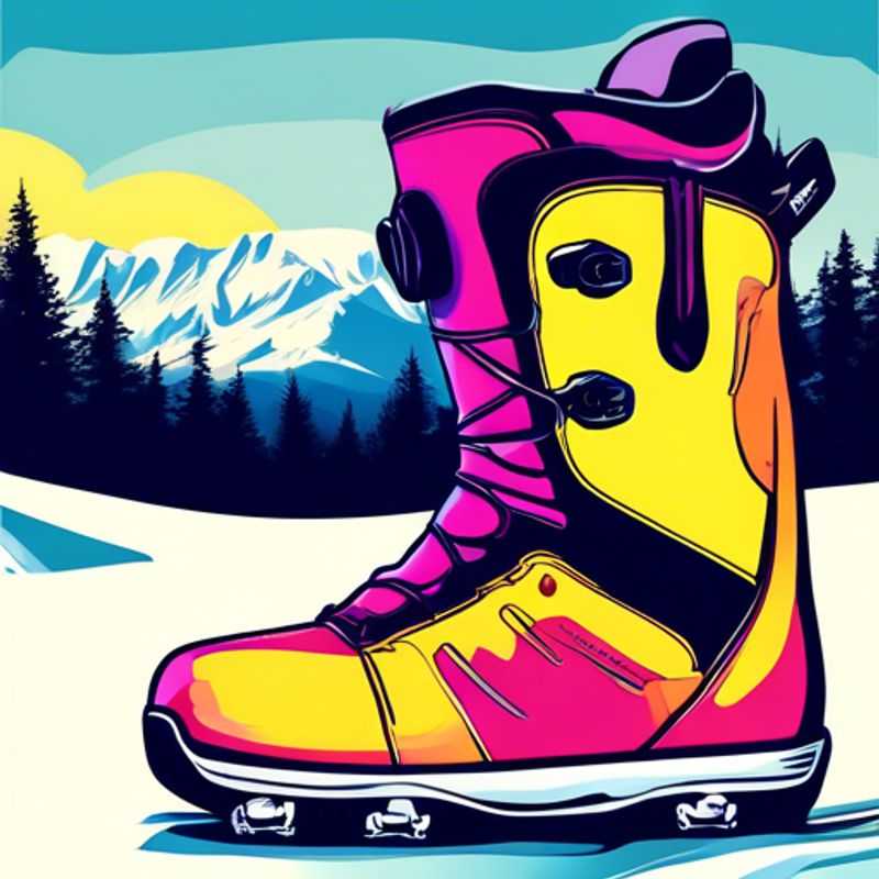 Un par de botas de snowboard nuevas y brillantes, listas para la acción en la nieve.