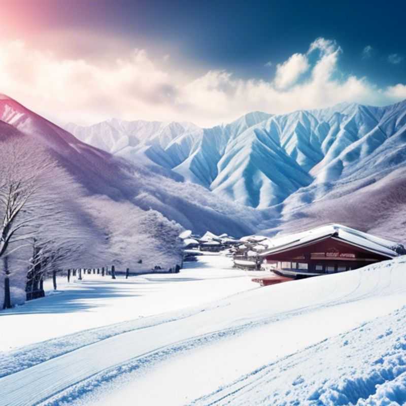 Una pareja disfrutando de unas vacaciones de esquí en el impresionante Valle de Hakuba, Japón, rodeados de paisajes nevados durante su escapada de 5 días en la temporada de esquí, enfocándose en el bienestar y la aventura.