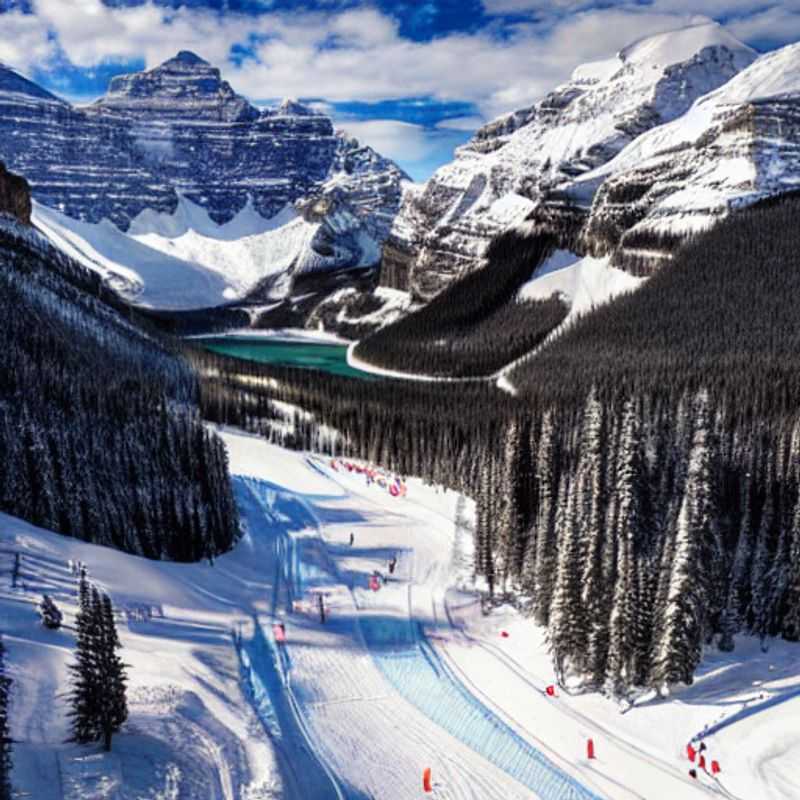Esquiadores e snowboarders aproveitando o sol da primavera nas pistas de Lake Louise, Canadá.