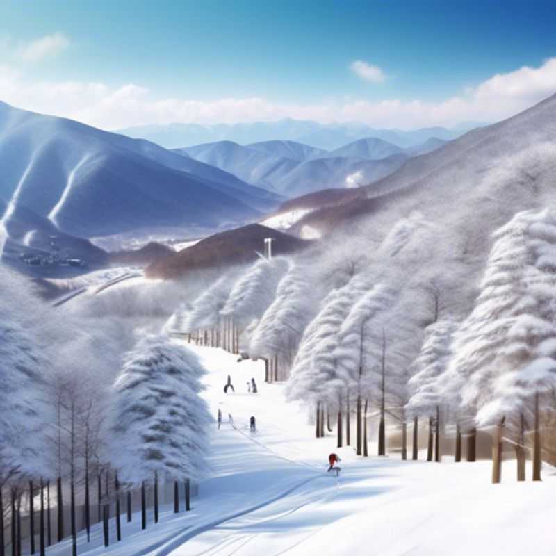 A solo traveler reveling in the exhilarating slopes of Yongpyong, South Korea, surrounded by stunning snow-covered mountains, during a thrilling two-week skiing adventure in peak ski season.