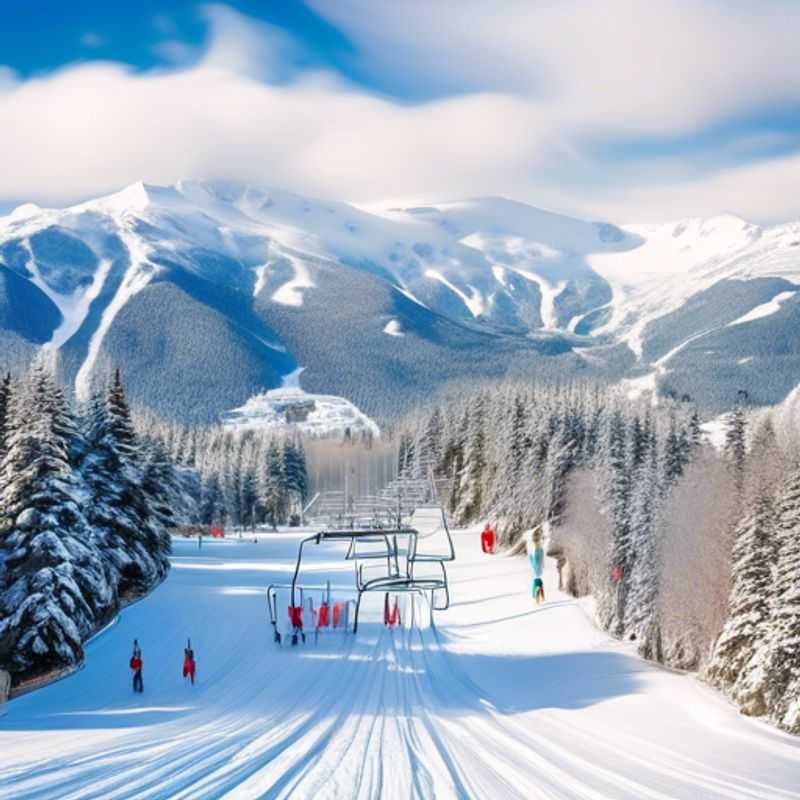 A group of six enthusiastic skiers reveling in the powdery slopes of Whistler Blackcomb, Canada, during their thrilling two-week ski season adventure, surrounded by stunning mountain vistas.