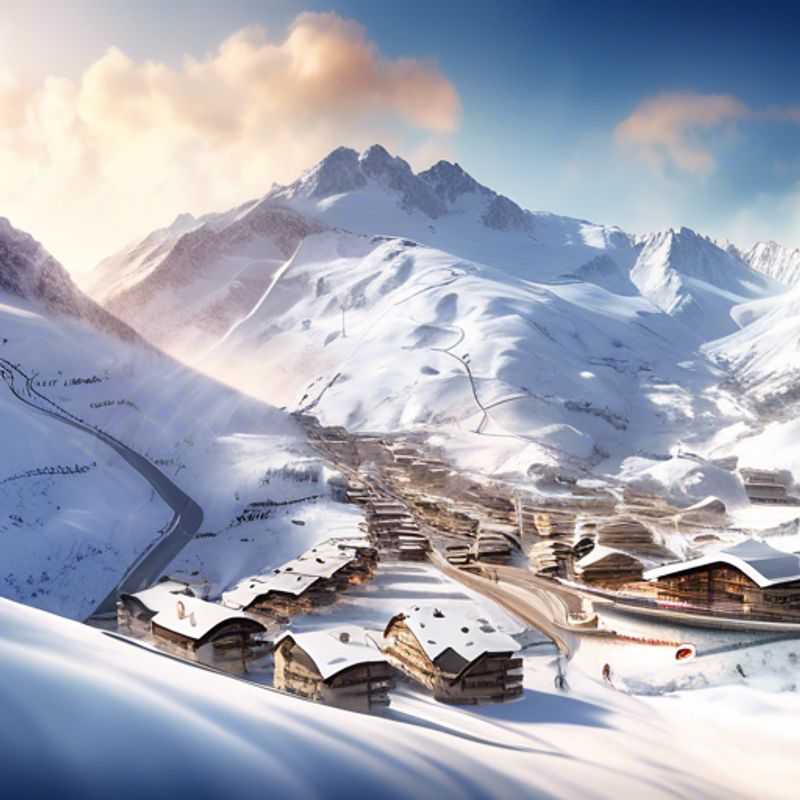 Una pareja disfrutando de unas vacaciones de esquí en Alpe d'Huez, Francia, rodeados de majestuosas montañas cubiertas de nieve durante su viaje de dos semanas en plena temporada de esquí.