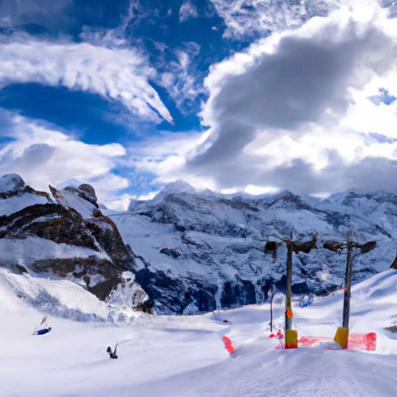 A lone skier glides down a pristine slope against the breathtaking backdrop of Engelberg, Switzerland, a skier's paradise nestled amidst the Swiss Alps, during their invigorating 2&#45;week ski vacation.